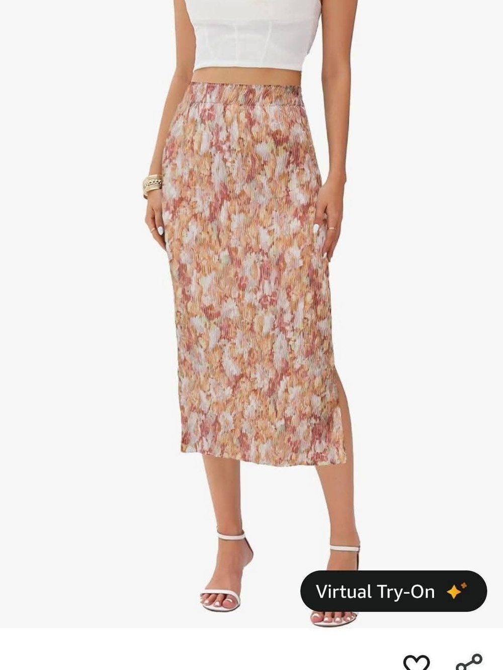 Textured Elastic Waist Floral Midi Skirt With Slit in Pink And White